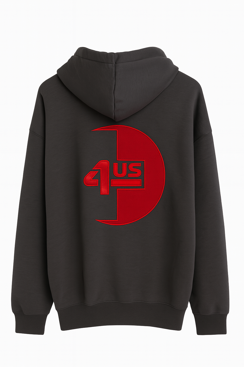 Black hoodie with red logo on the back against a white background