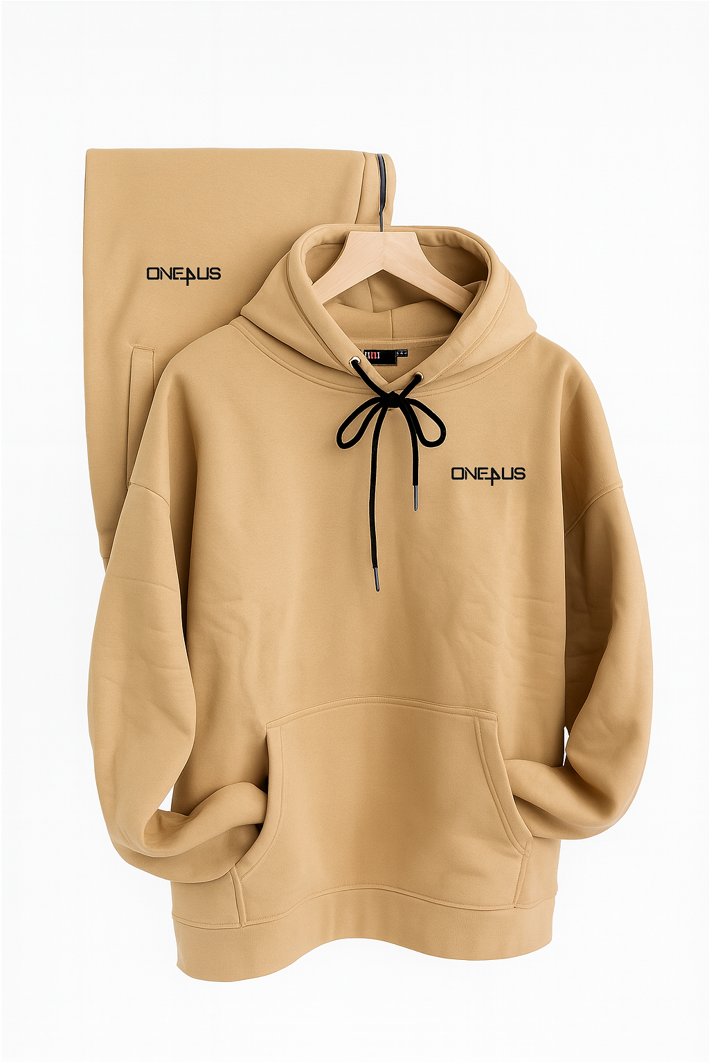 Beige hoodie with 'ONEPLUS' branding on a white background