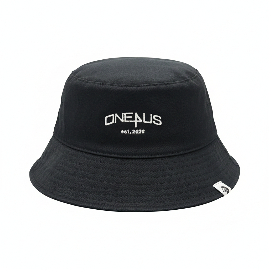 Black bucket hat with 'ONEPLUS' branding on a white background