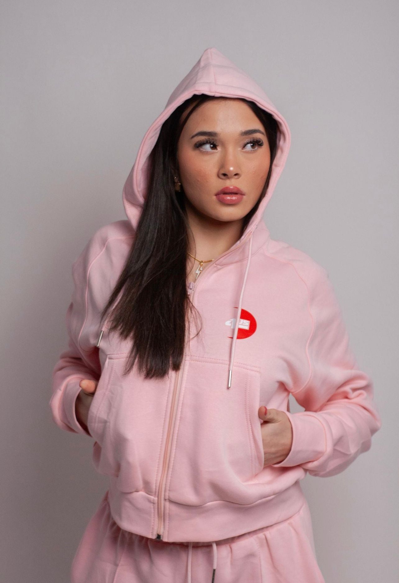 Fleece Full Zip Crop Top Sweatsuit-Pink