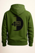 Green hoodie with a black logo on the back against a white background
