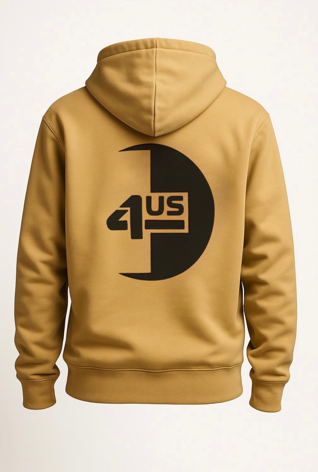 Beige hoodie with black logo on the back against a white background