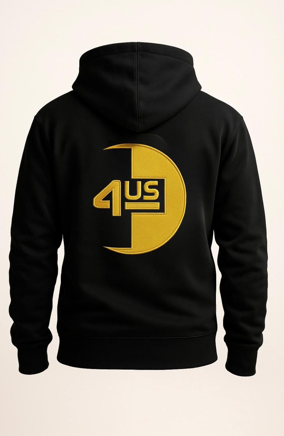 Black hoodie with yellow and white logo on the back against a beige background