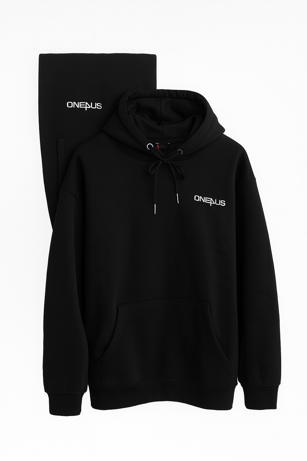 Black hoodie with 'OnePlus' branding on a white background