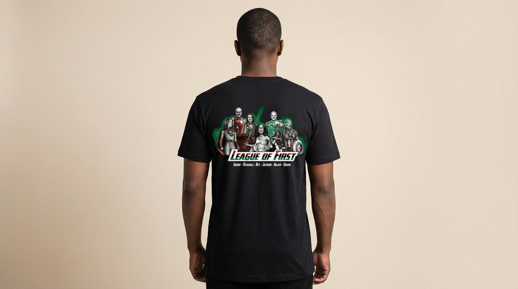Catalog man wearing a black t-shirt with 'League of First' graphics on the back against a beige background