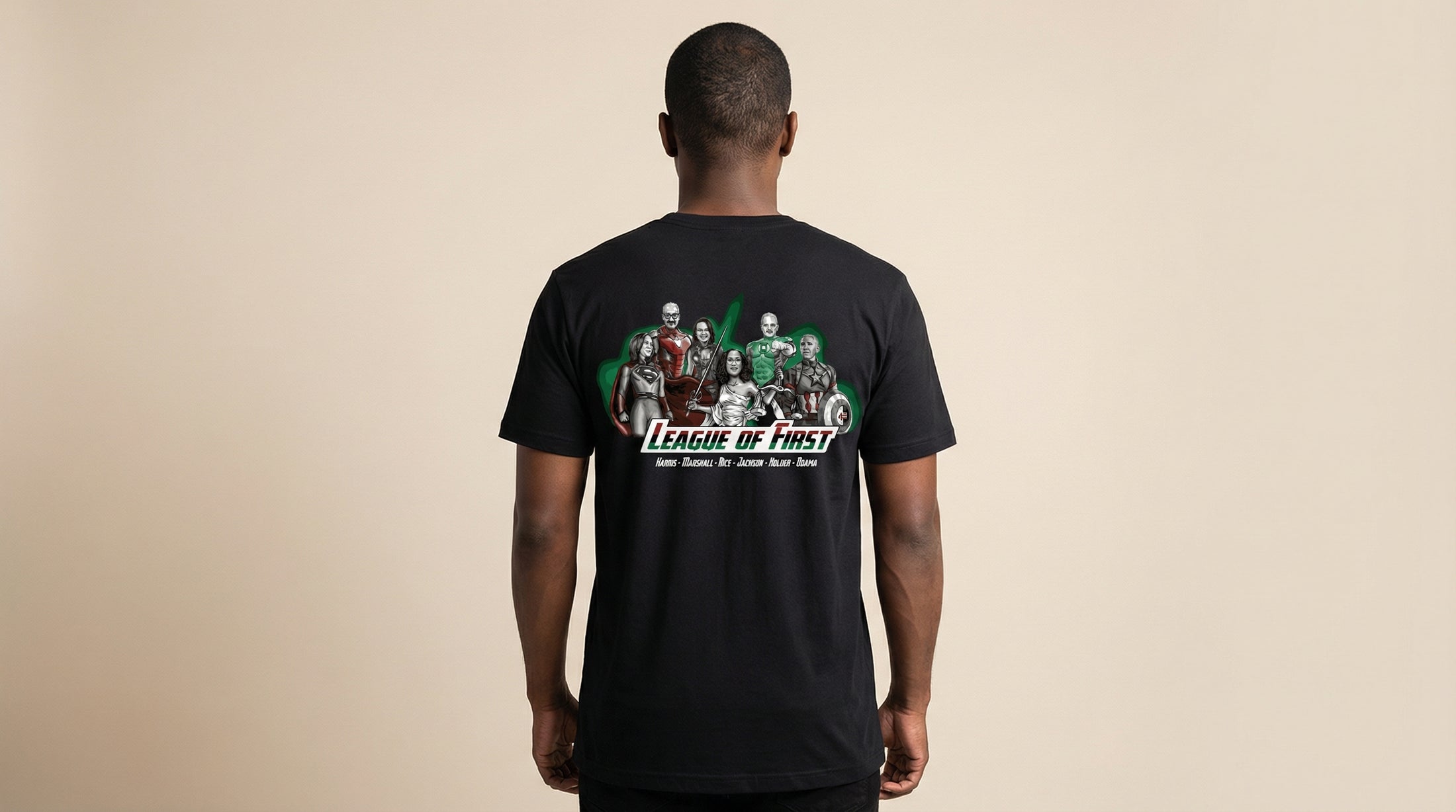Catalog man wearing a black t-shirt with 'League of First' graphics on the back against a beige background