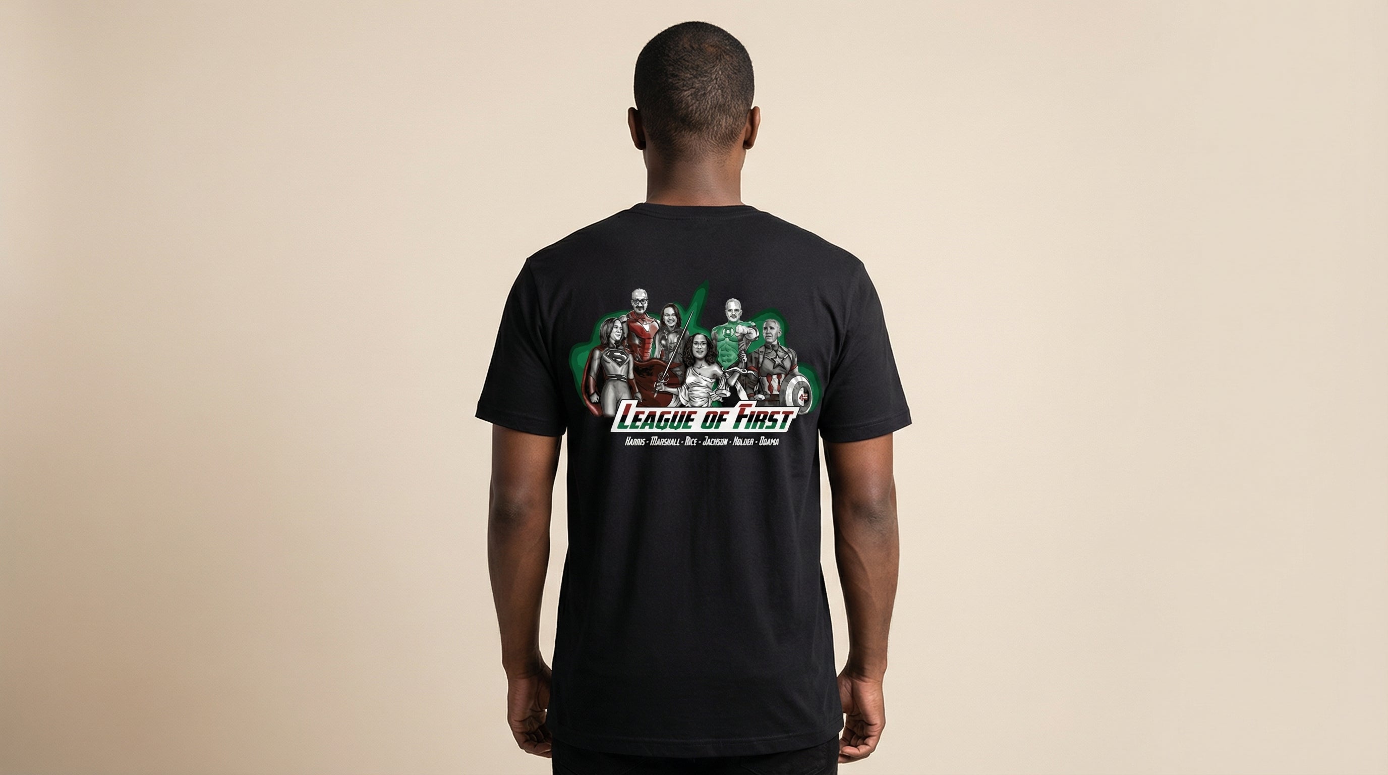 Catalog man wearing a black t-shirt with 'League of First' graphics on the back against a beige background