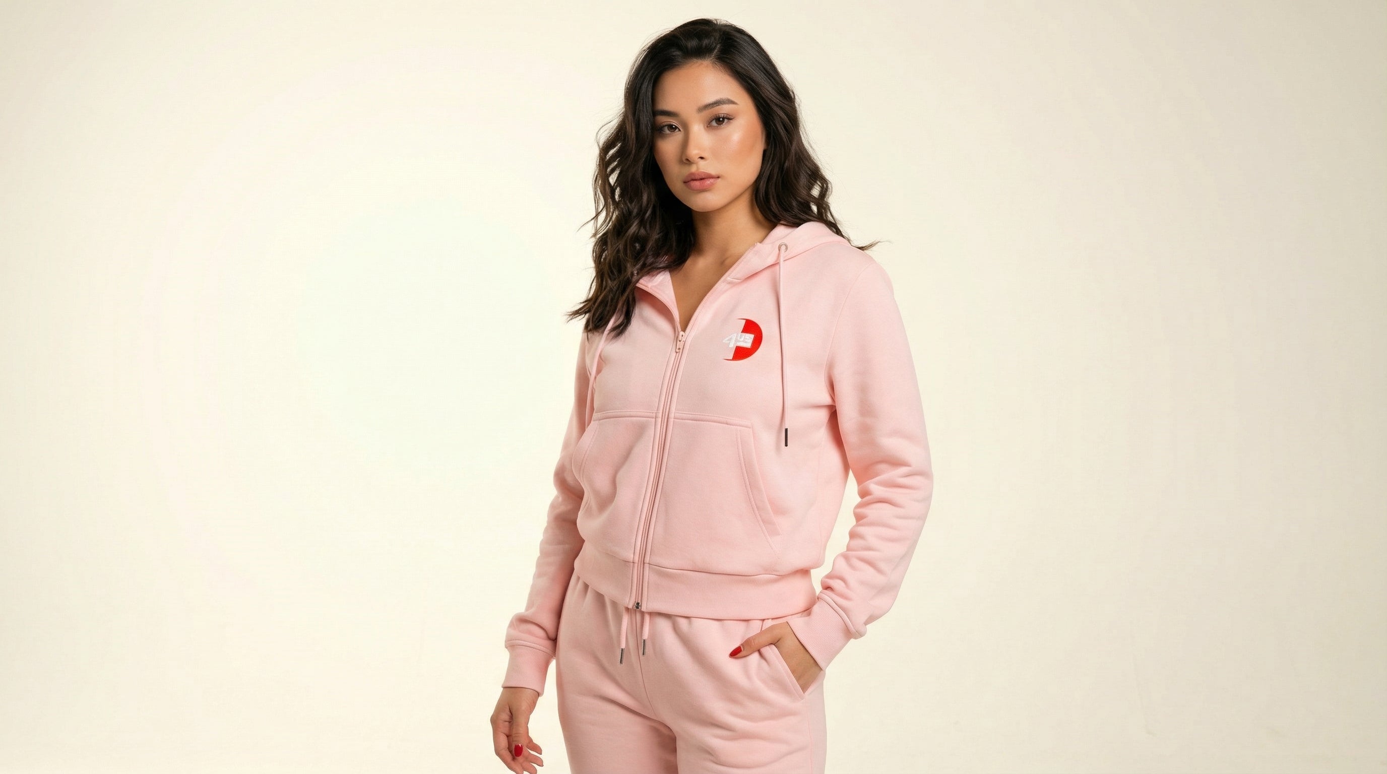 Catalog woman wearing a pink hoodie with a red logo on a beige background