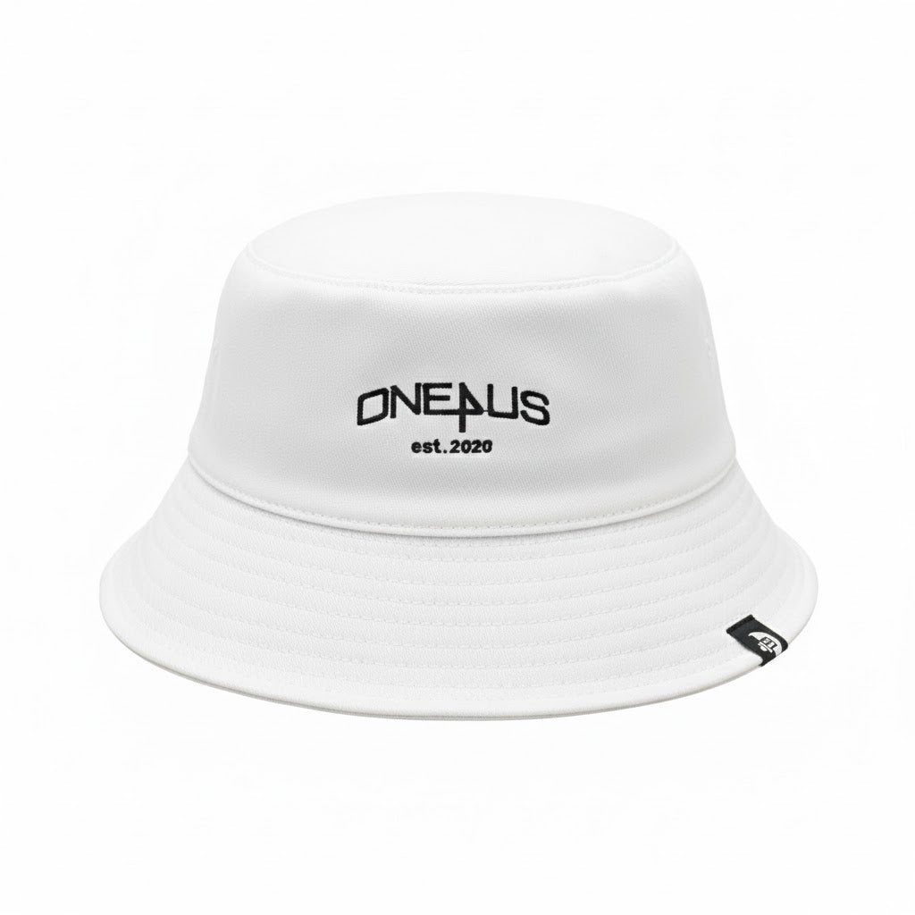 White bucket hat with black logo and text on a white background